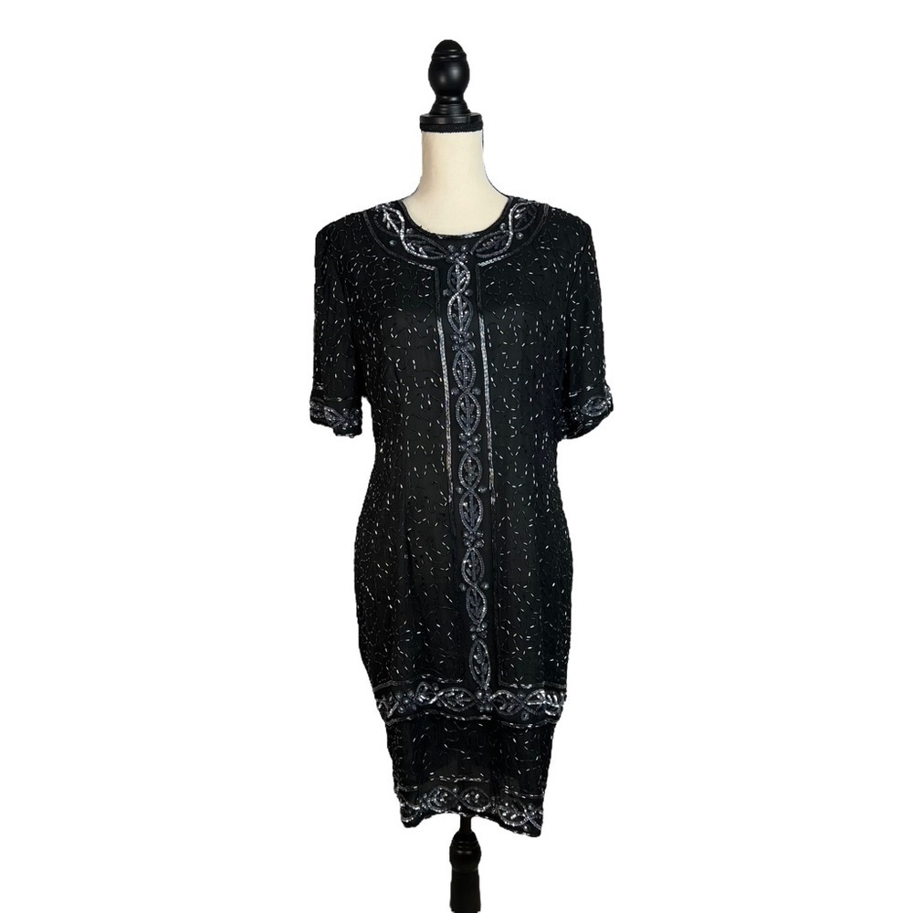 Stenay Silk Beaded Dress Black Short Sleeve Party Iridescent VINTAGE DEADSTOCK